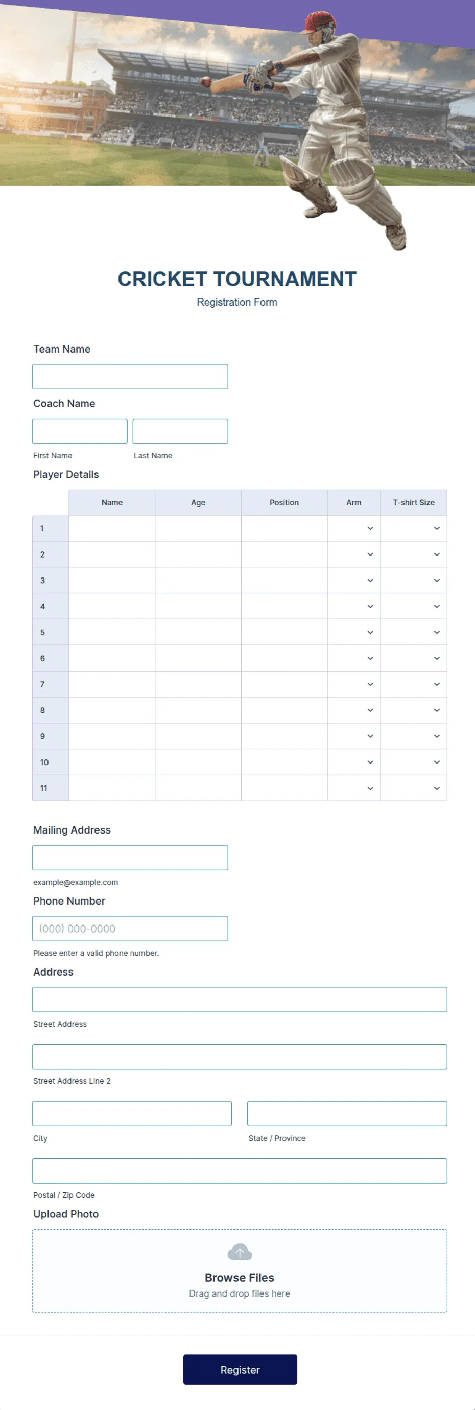 cricket tournament registration form template