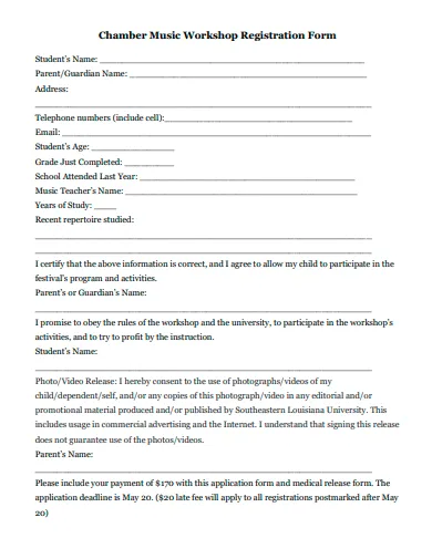 music workshop registration form template