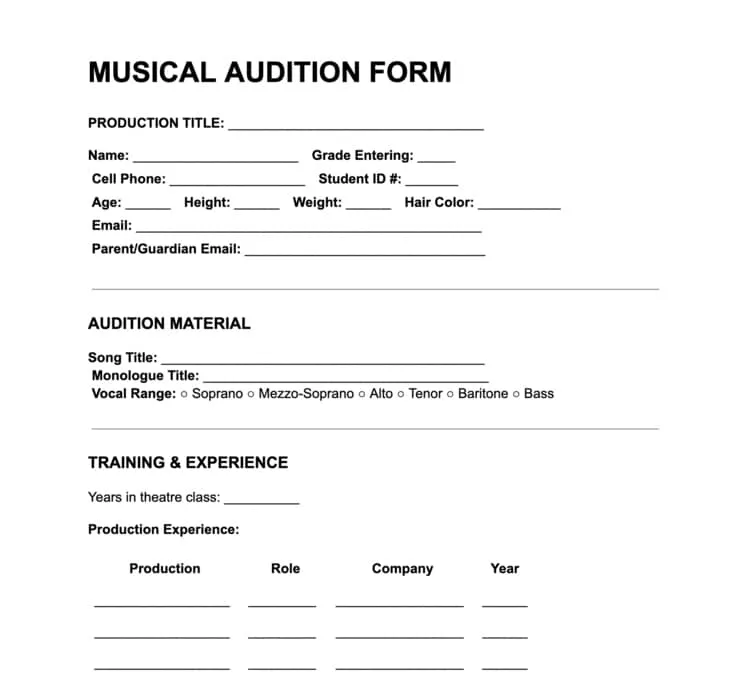 Printable musical theater audition form template