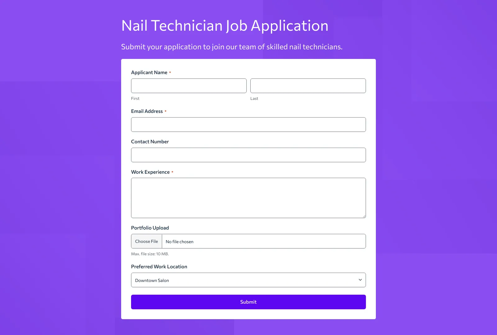 nail technician job application form template