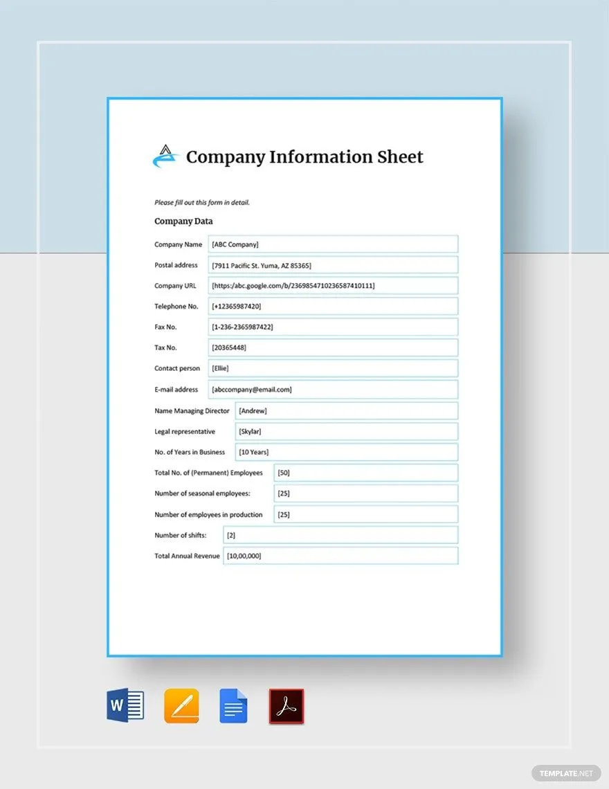 Printable new company information form template