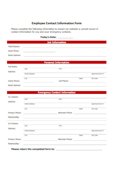 Printable new employee contact form template