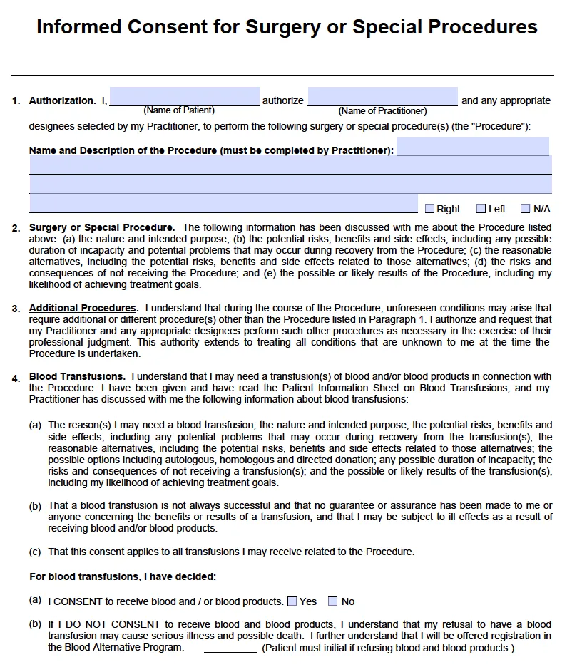 Printable surgical informed consent form template