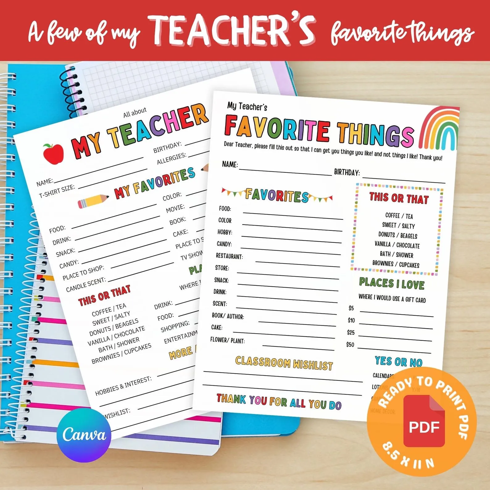 Printable teacher favorite things form template