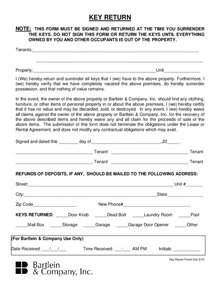 Printable tenant key return form template