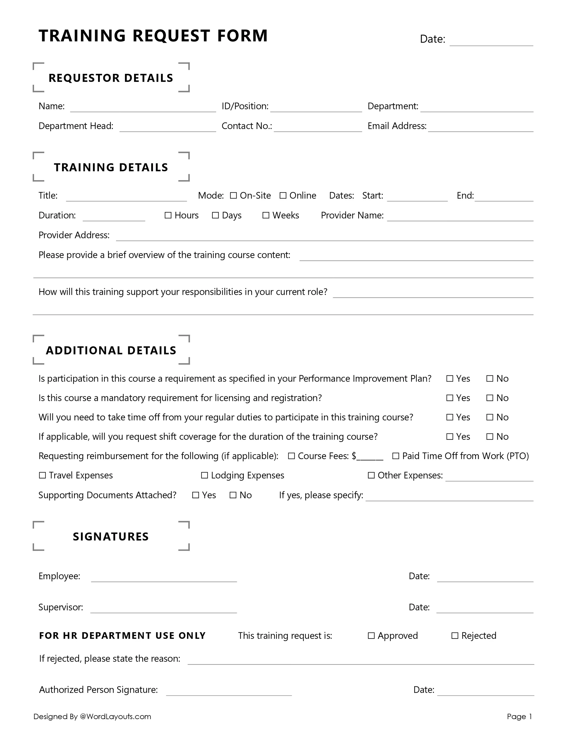 training development request form template