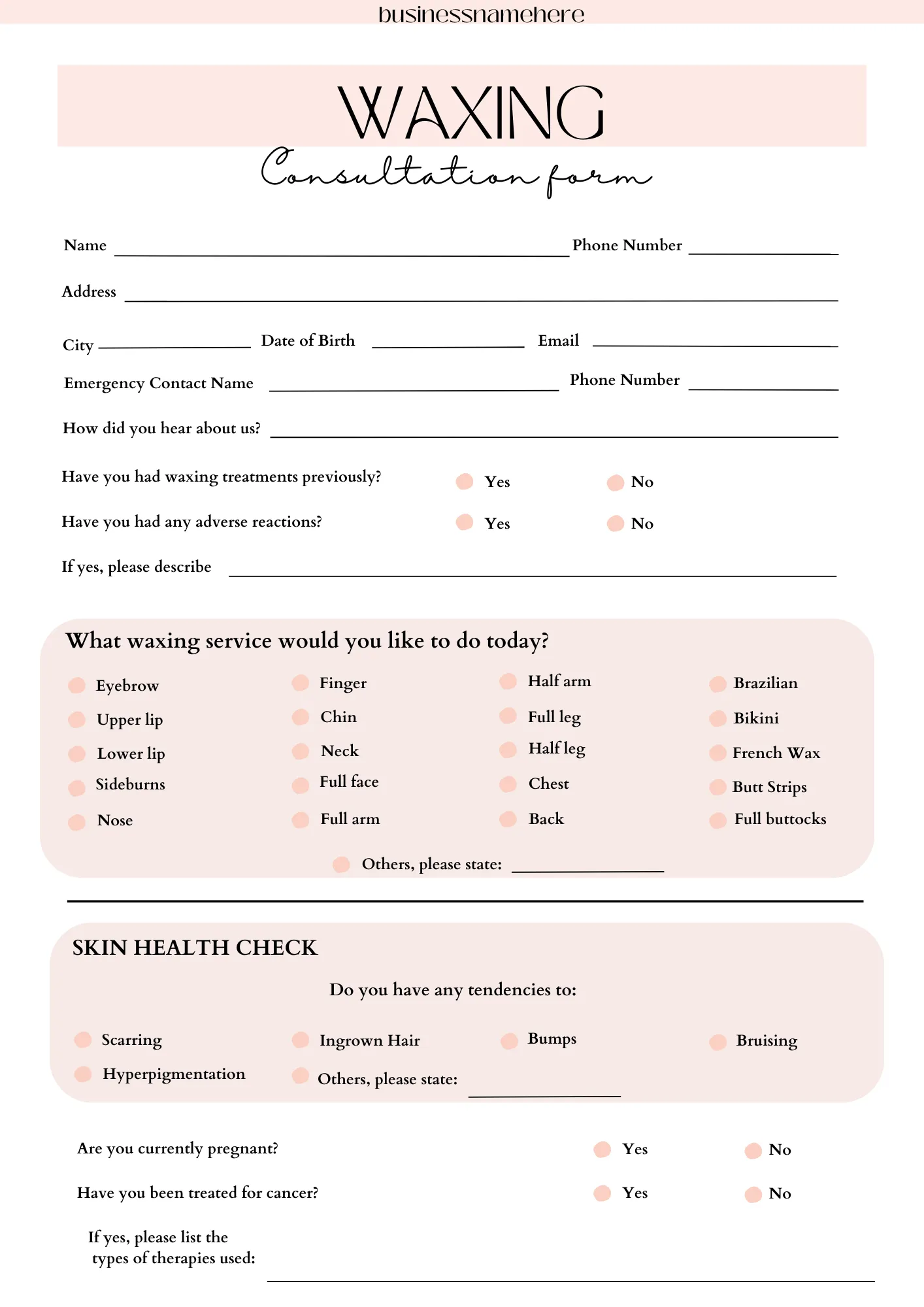 waxing client consultation form template