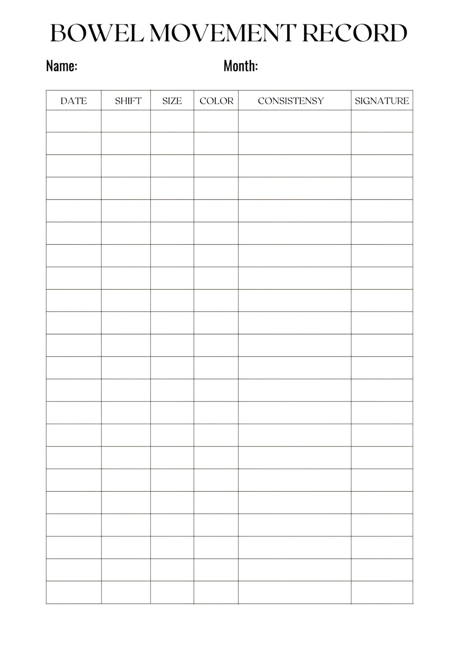 Free Editable Daily Bowel Movement Chart Template Word Sample