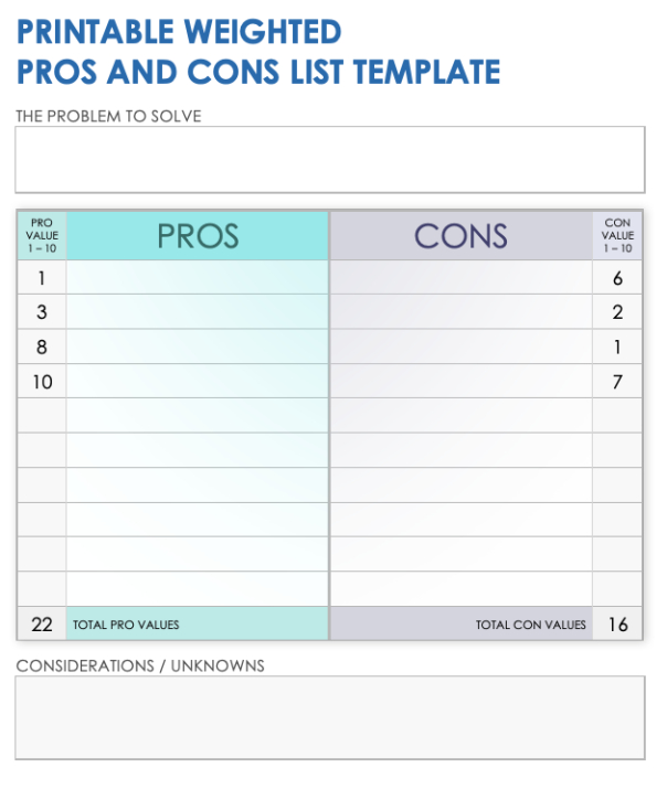 Custom Pros And Cons Chart Template Excel Sample