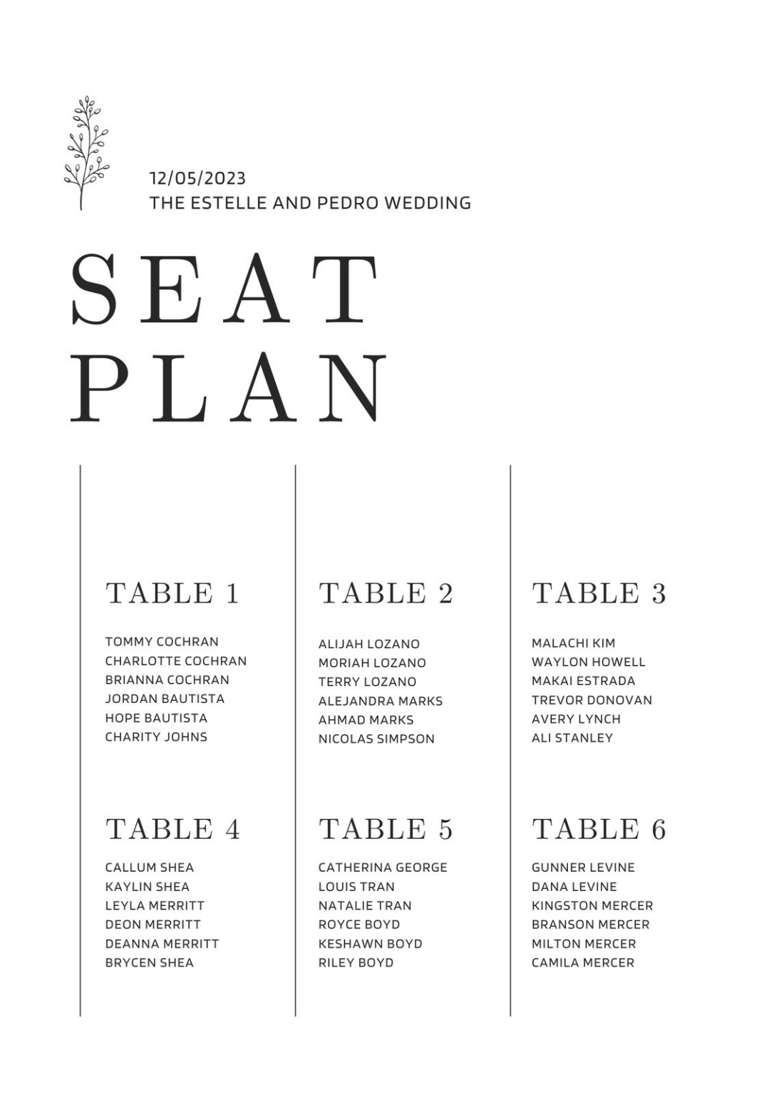 Free Editable Dinner Table Seating Chart Template Doc Sample