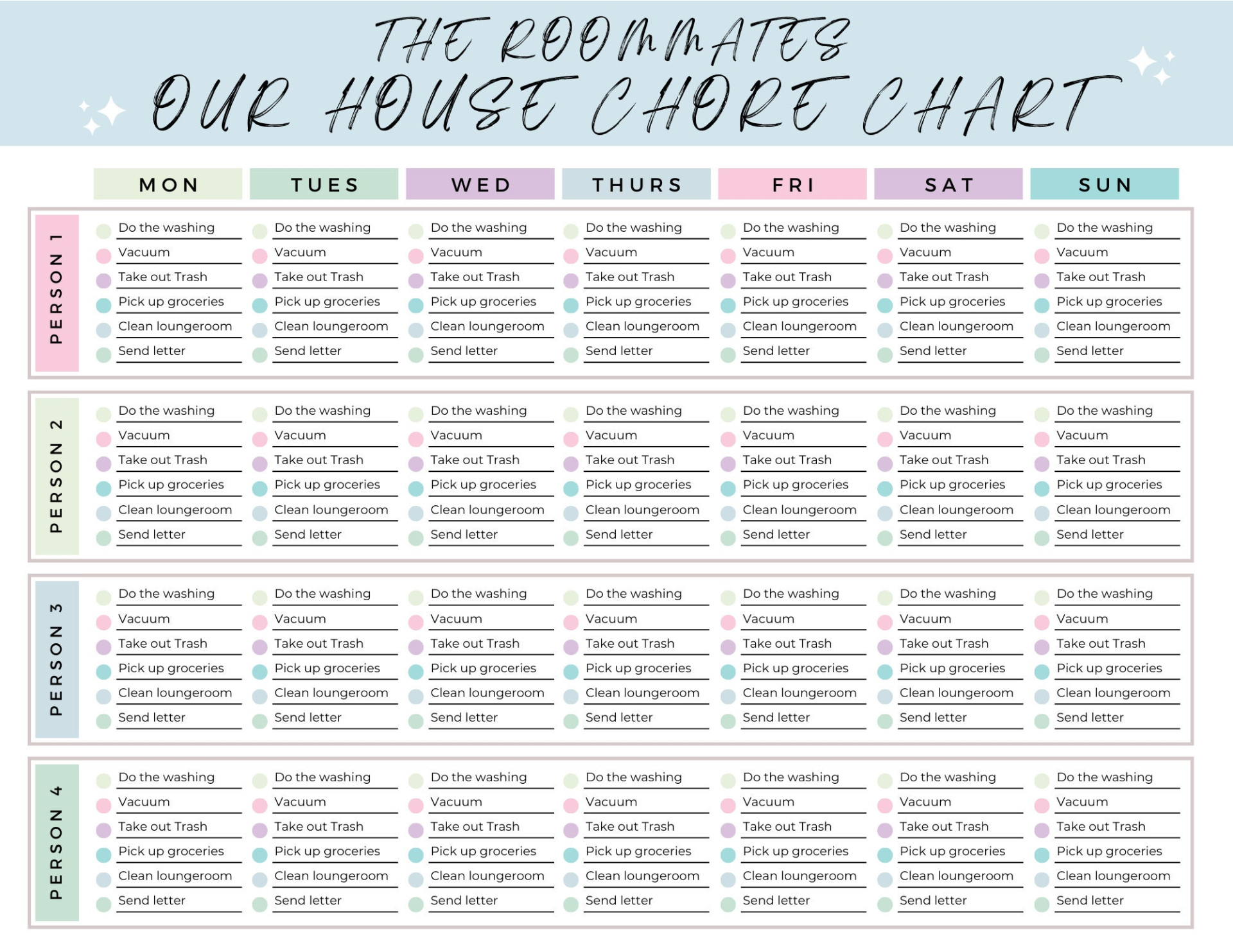 Printable Chore Chart For Roommates Template Word Sample