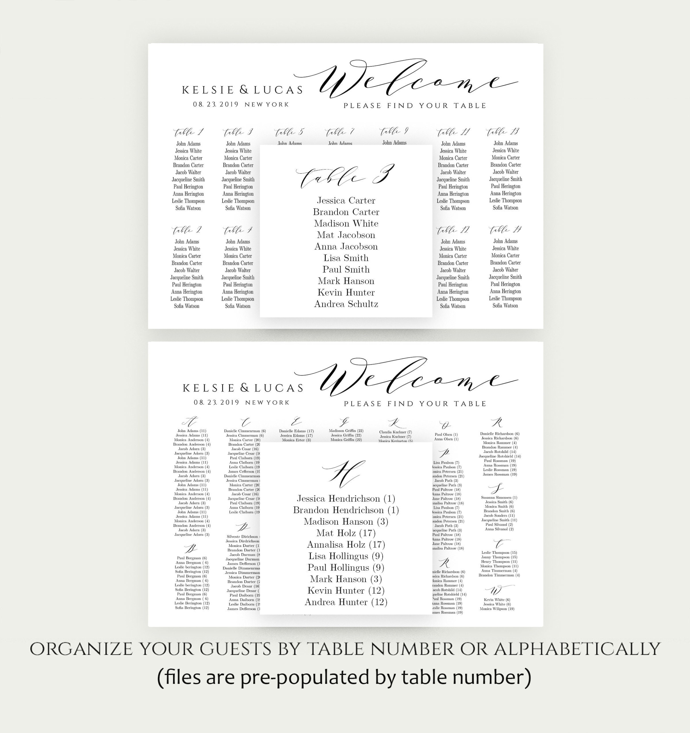 Editable Wedding Alphabetical Seating Chart Template  Sample