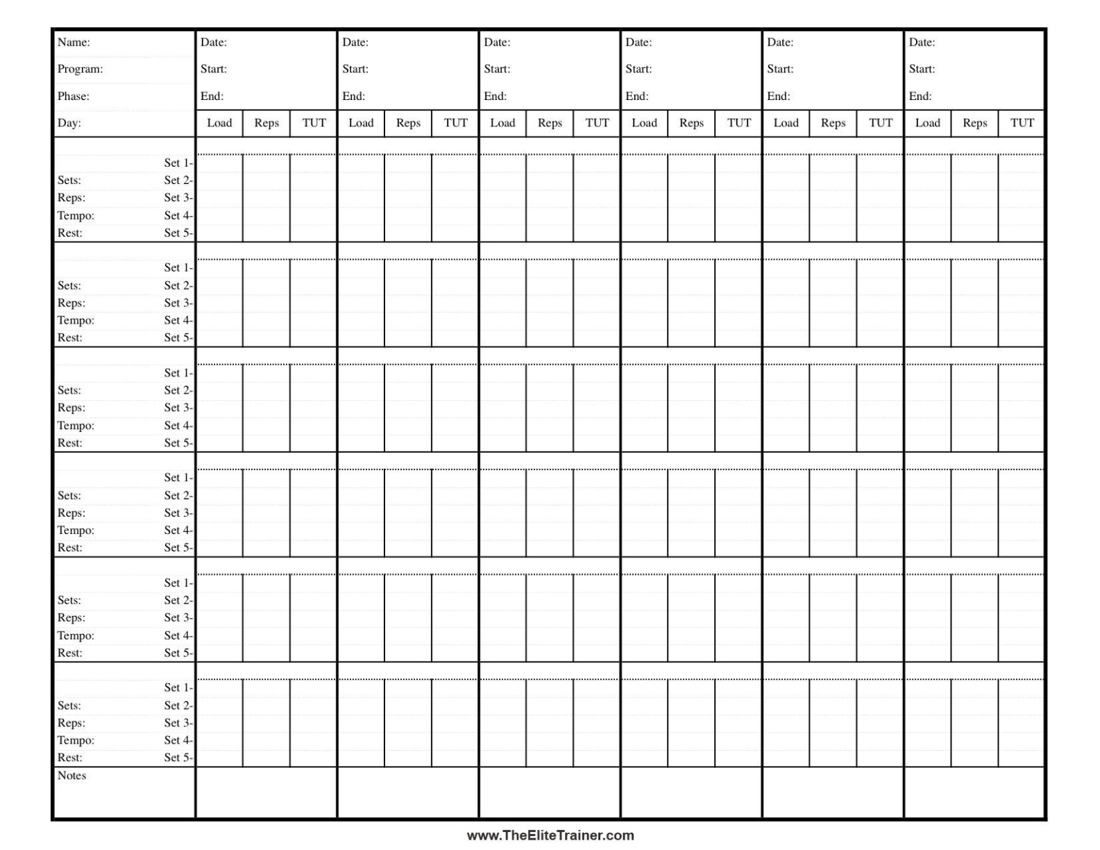 Editable Personal Training Progress Chart Template  Sample