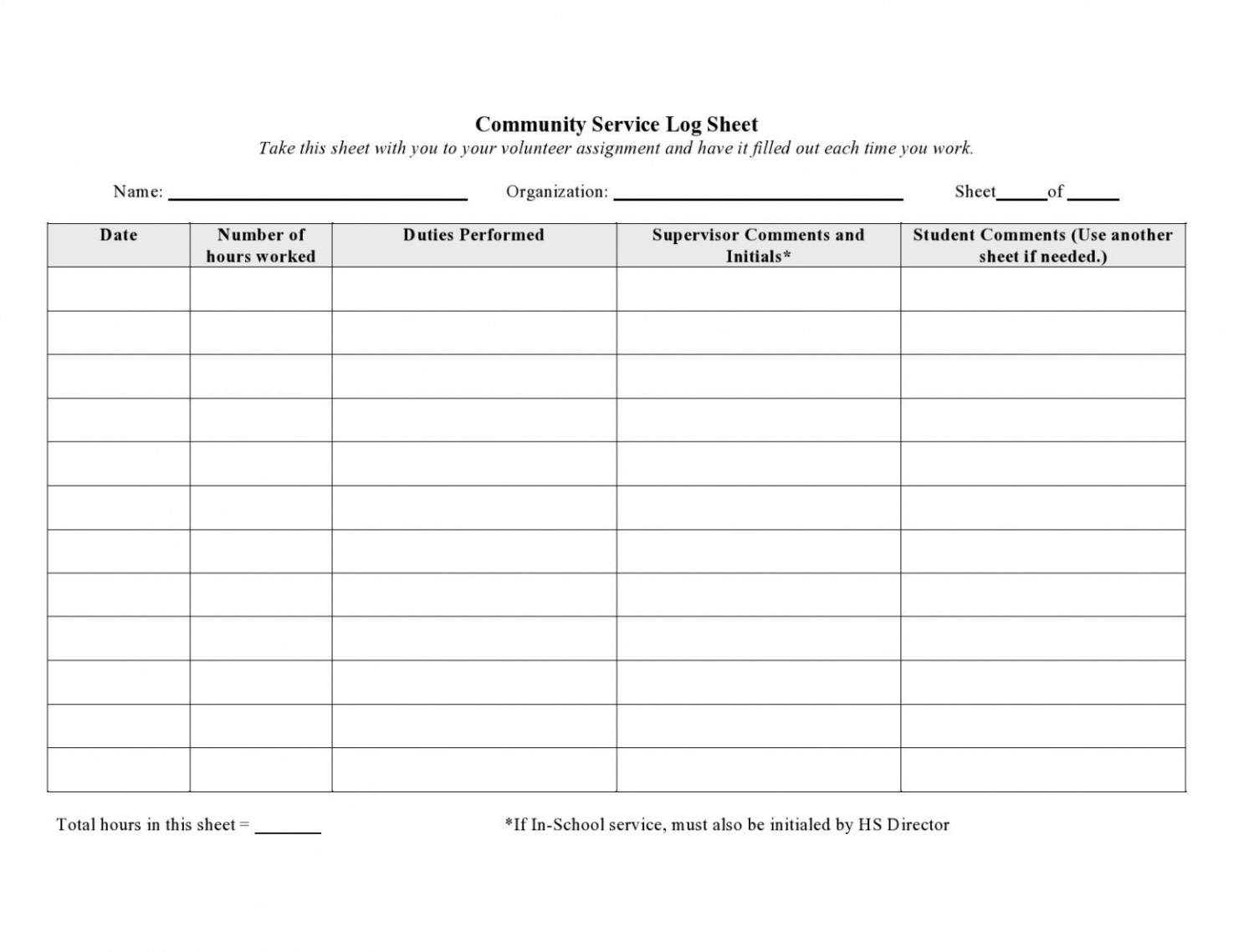 printable volunteer log sheet for students volunteer hour tracking template word