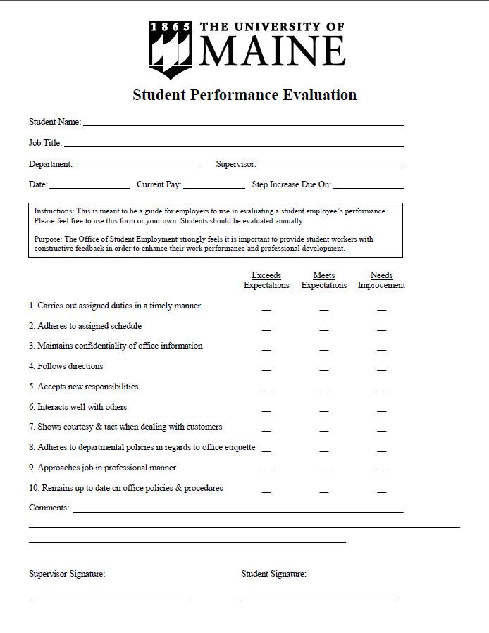 Student Performance Evaluation Template