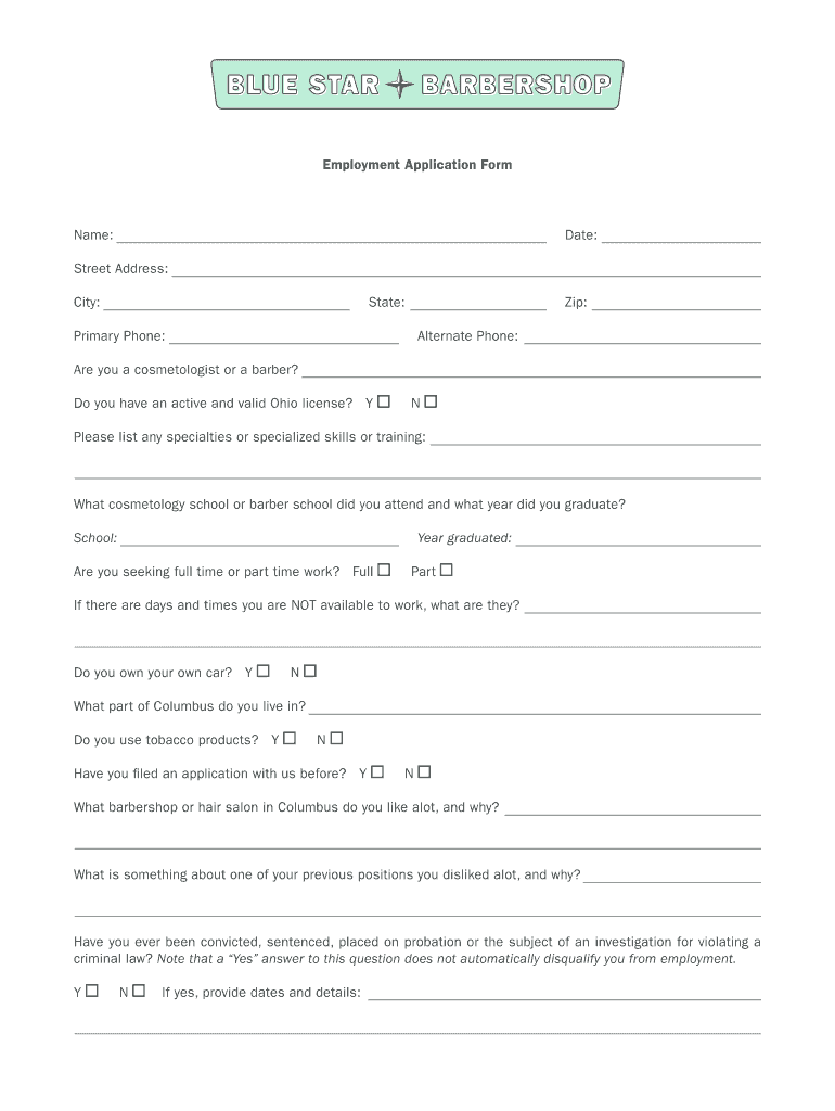 Barber Job Application Form Template