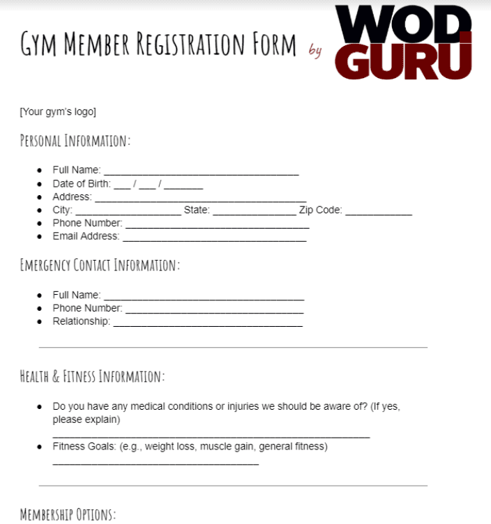 Gym Basic Form Gym Membership Application Form Template