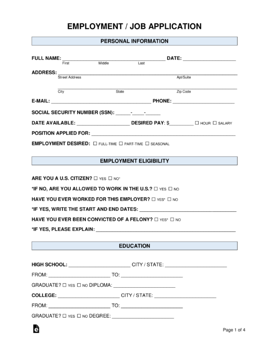 Retail Job Application Form Template
