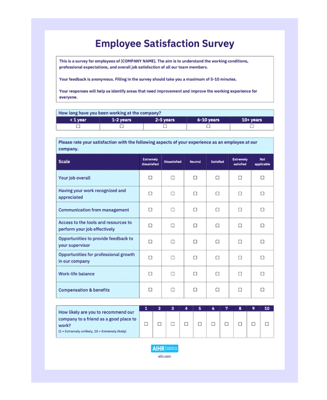Employee Satisfaction Feedback Form Template