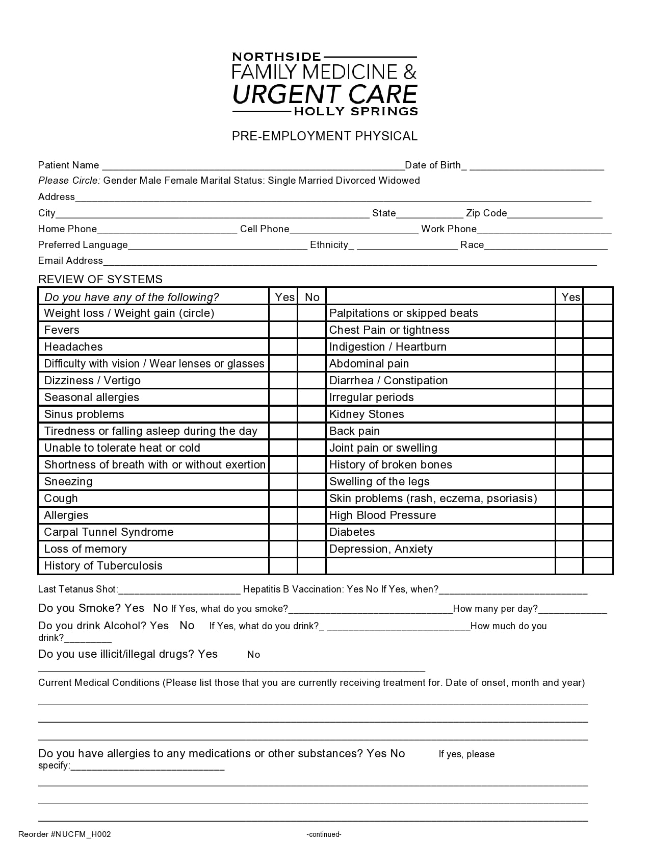 Employment Physical Exam Form Template