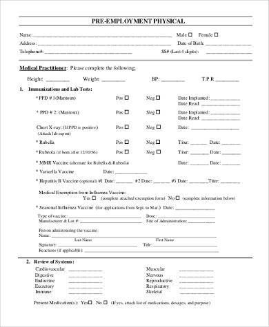 Pre Employment Health Screening Form Template