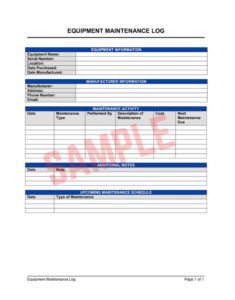 Heavy Equipment Maintenance Form Template