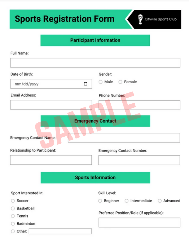 Sports Training Registration Form Template