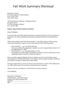 Fair Work Summary Dismissal Template