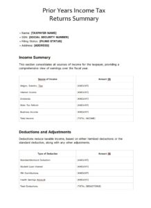 Prior Years Income Tax Returns Summary Template