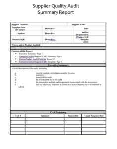 Supplier Quality Audit Summary Report Template