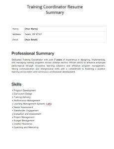 Training Coordinator Resume Summary Template